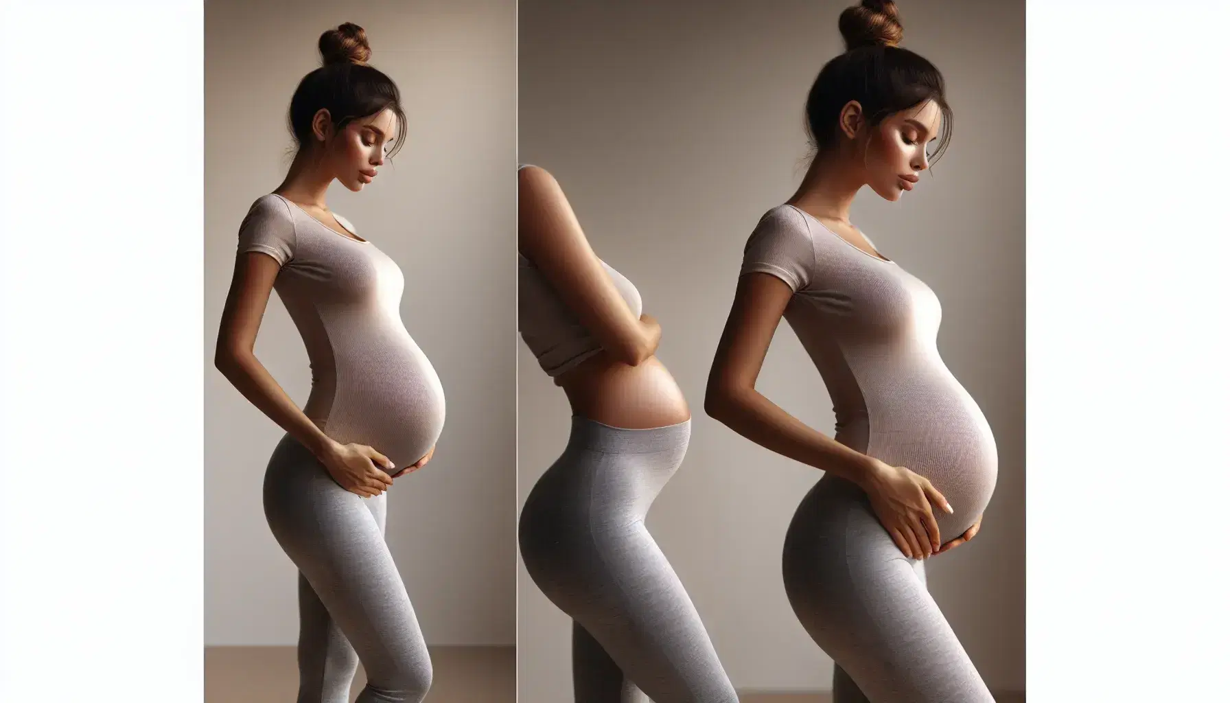 Mujer embarazada de perfil con mano en vientre y ropa ajustada, cabello recogido y fondo neutro, destacando su silueta maternal.