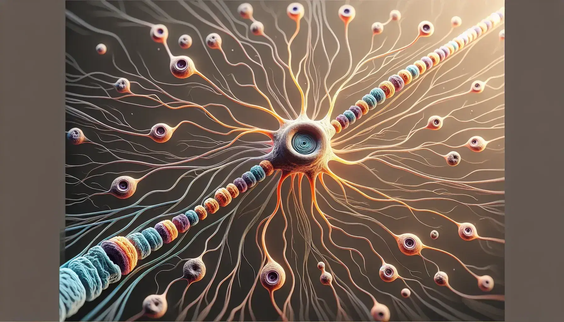 Rappresentazione grafica ad alta risoluzione di neuroni con dendriti, assone circondato da guaine mieliniche in blu e viola su sfondo neutro.