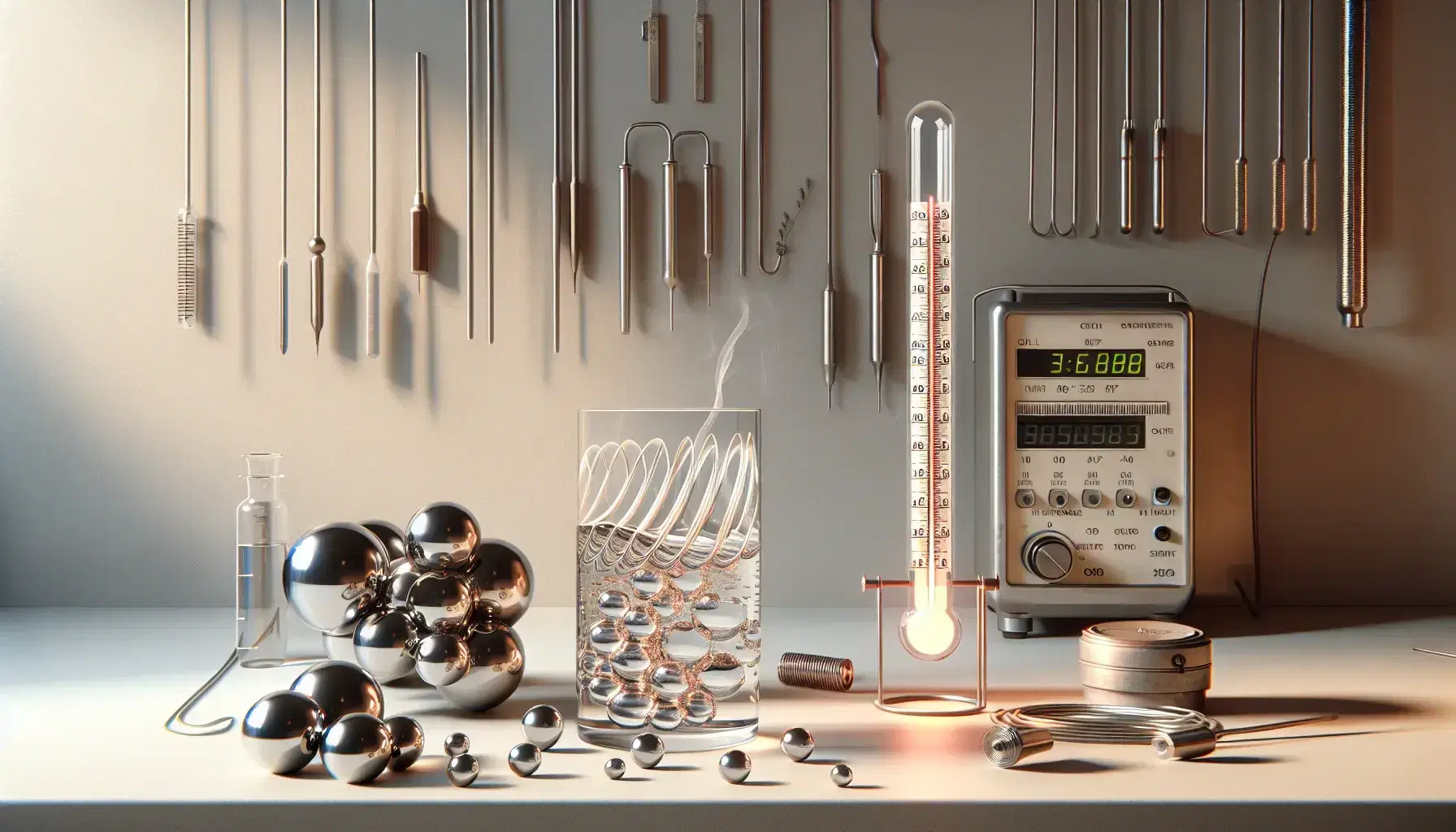 Laboratorio scientifico con termometro a mercurio, contenitore metallico che emana calore, sfere per esperimenti di dilatazione termica, bicchiere con acqua e ghiaccio e ventola elettrica.