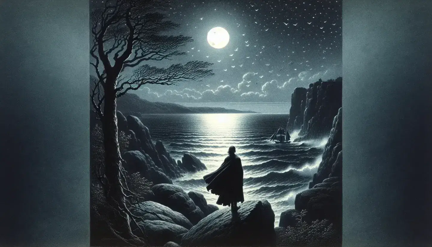 Escena nocturna con figura solitaria en vestimenta del siglo XIX contemplando el mar bajo un cielo estrellado y luna llena, junto a un árbol desnudo.