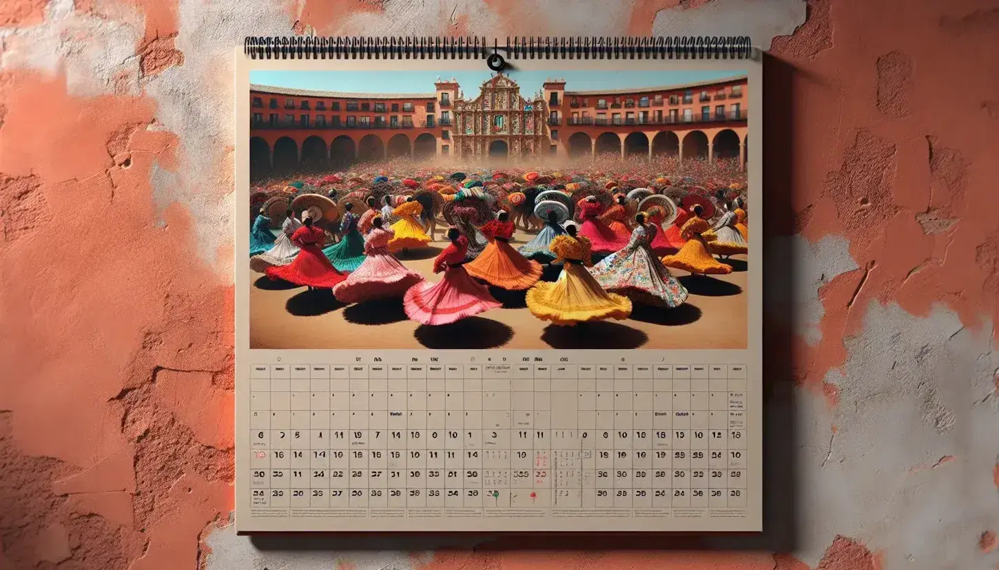 Traditional Spanish calendar on terracotta wall, displaying festival photo with dancers in colorful attire, blank date grid, natural lighting.