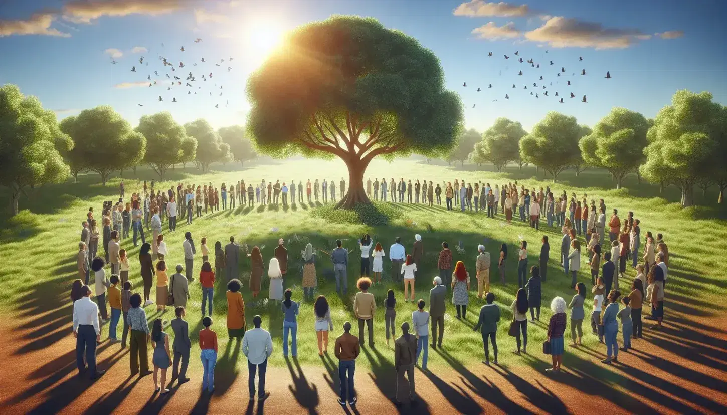 Grupo diverso de personas de distintas edades y etnias contemplando un gran árbol en un campo verde bajo un cielo azul con nubes.