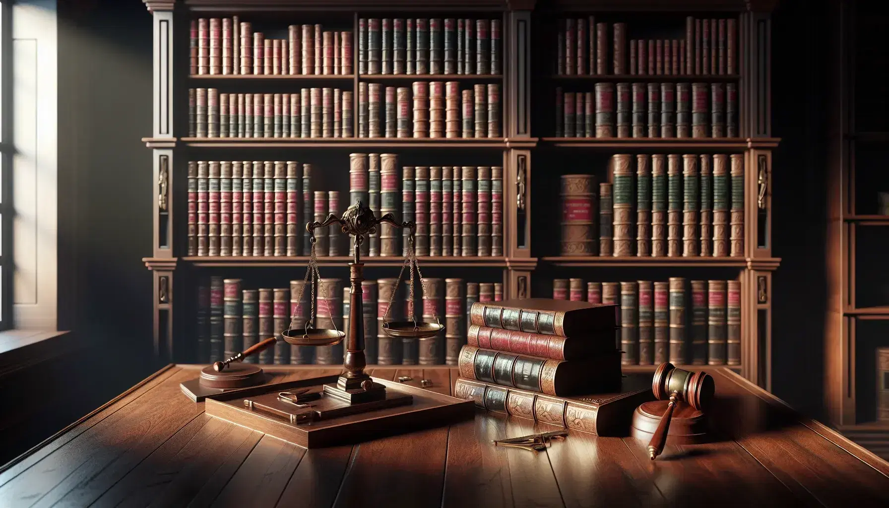 Biblioteca clásica con estanterías de madera oscura llenas de libros encuadernados en cuero, balanza de bronce antigua, mazo de madera y reloj de arena sobre mesa a juego.