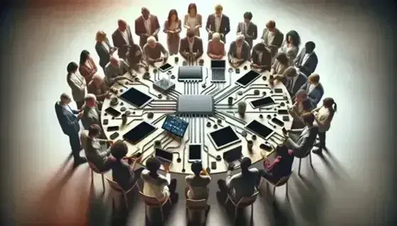 Grupo diverso de personas alrededor de una mesa redonda con dispositivos electrónicos interconectados por cables de red en un ambiente colaborativo.