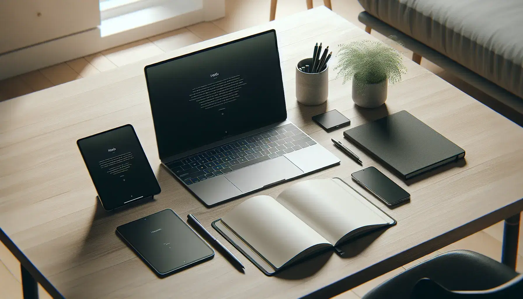 Espacio de trabajo moderno con laptop plateado, smartphone negro, tablet con stylus, cuaderno abierto y planta verde en fondo de madera clara.
