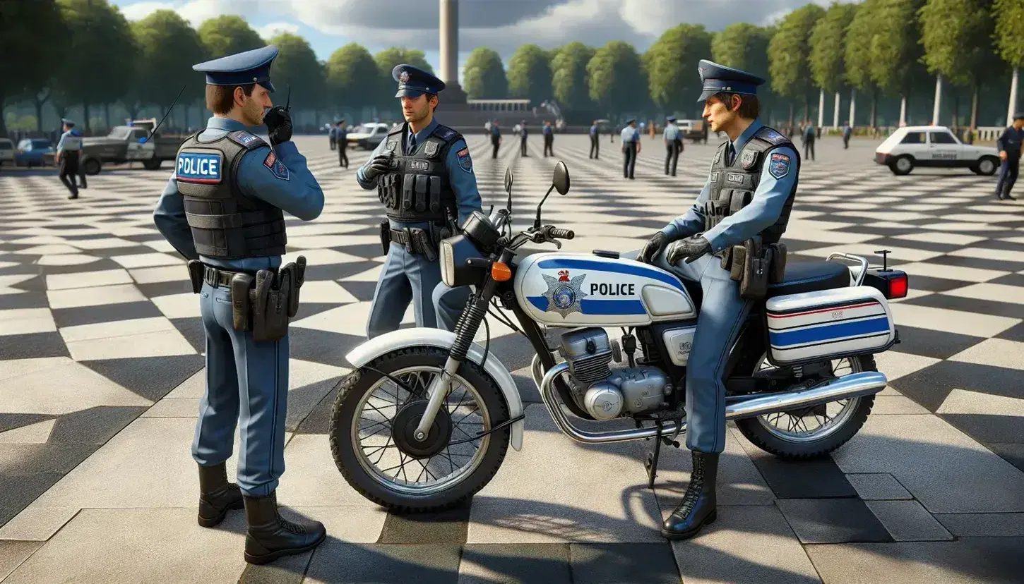 Tres policías en uniforme azul oscuro patrullan una plaza pública; uno comunica por radio, otro monta una moto decorada con franjas azules y rojas, y el tercero dialoga con un ciudadano.