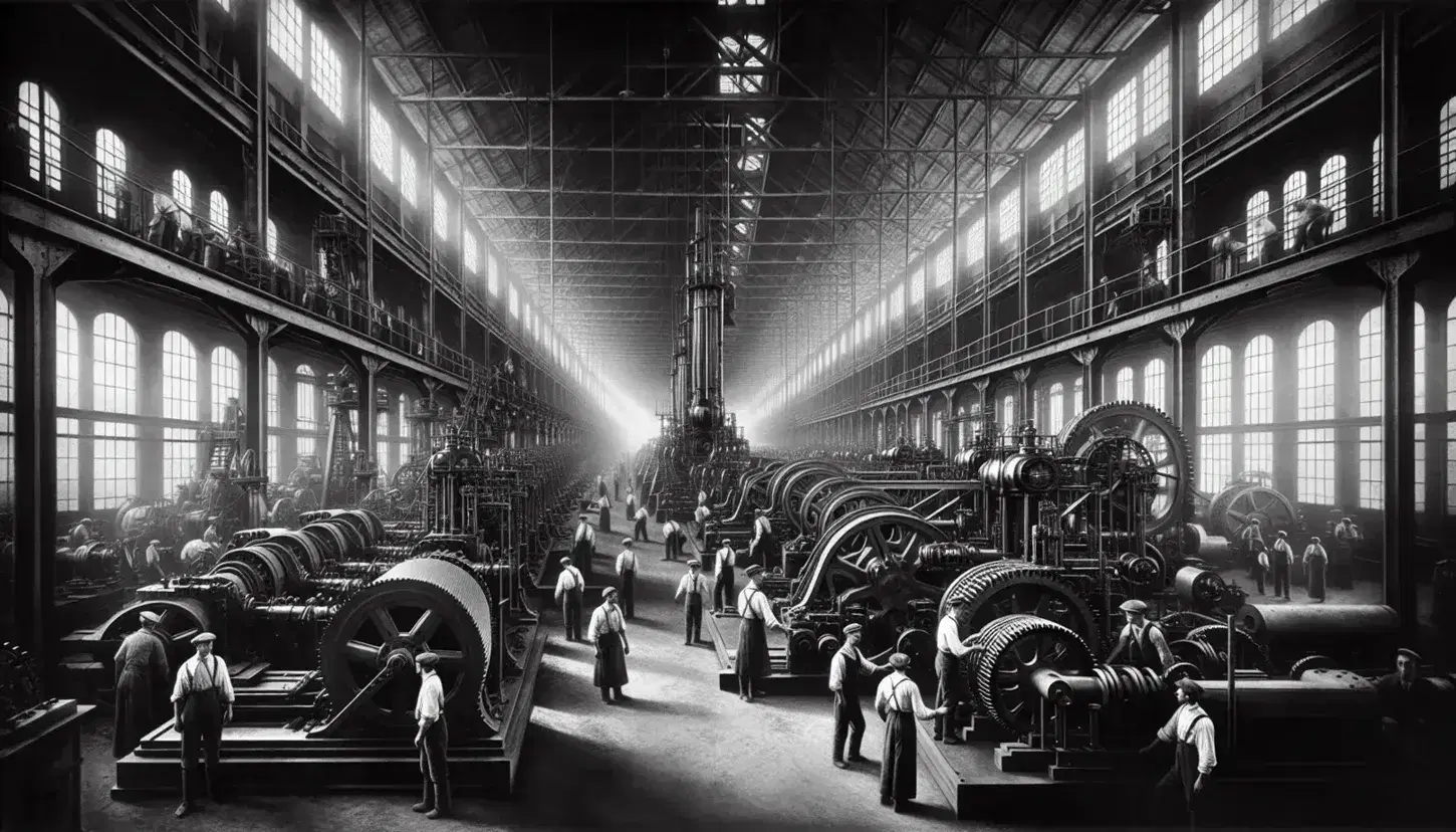 Fotografia in bianco e nero di un'interno di fabbrica dell'epoca industriale con operai intenti a lavorare su macchinari a vapore tra luci e ombre.