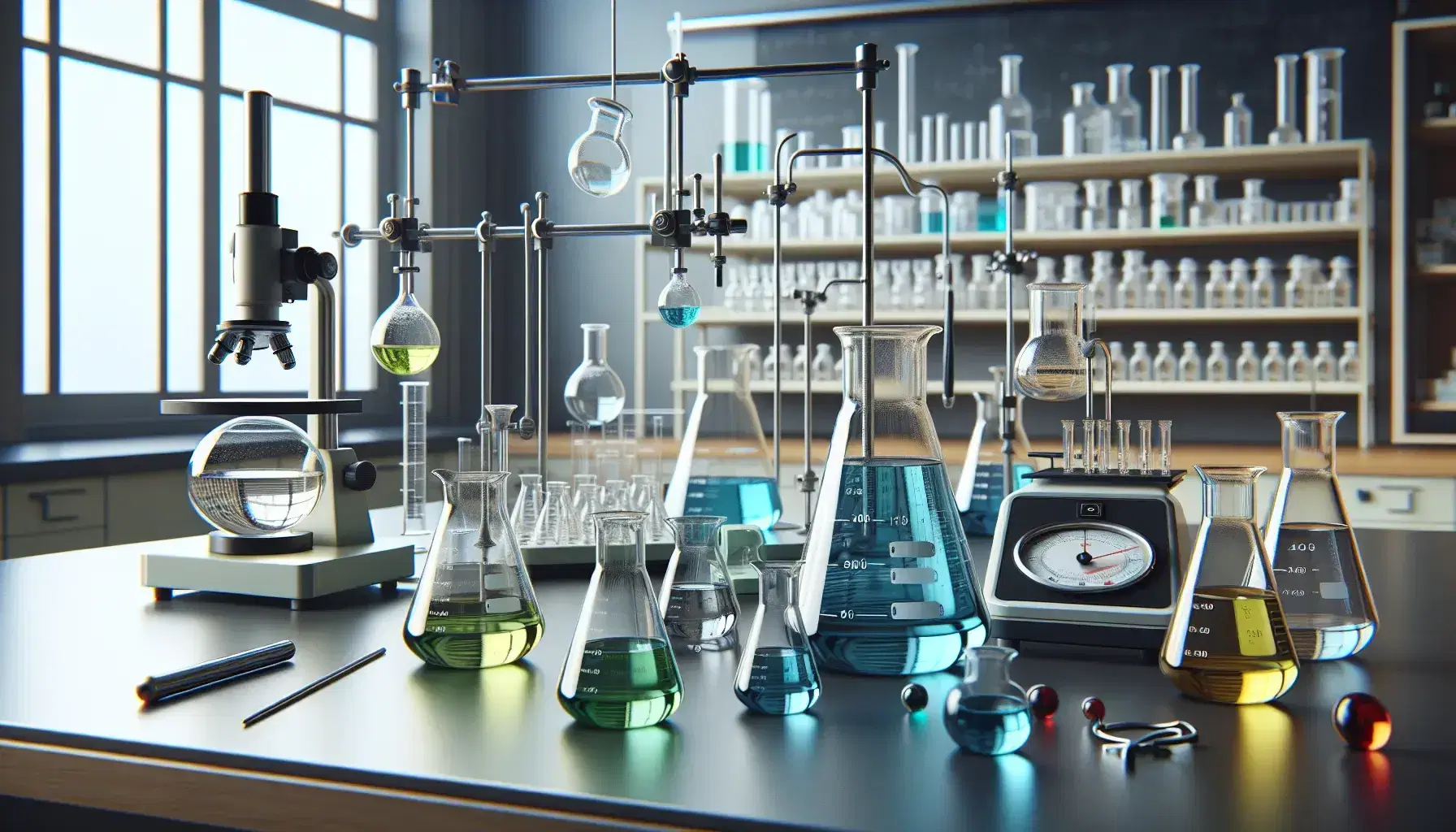 Laboratorio de química con matraces Erlenmeyer con líquidos de colores, balanza analítica, soporte universal y mechero Bunsen.
