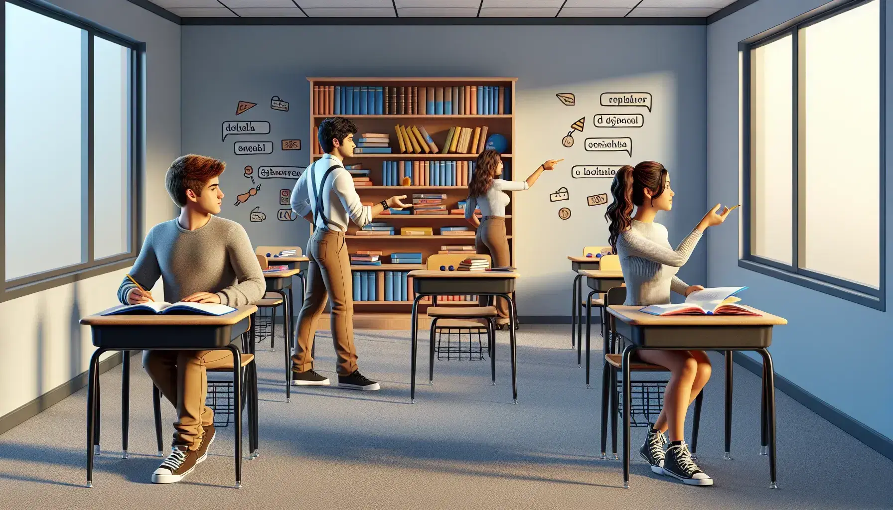 Diverse students engage in a Spanish class, with a Hispanic boy gesturing to an Asian girl, as a redhead takes notes in a sunlit, book-lined classroom.