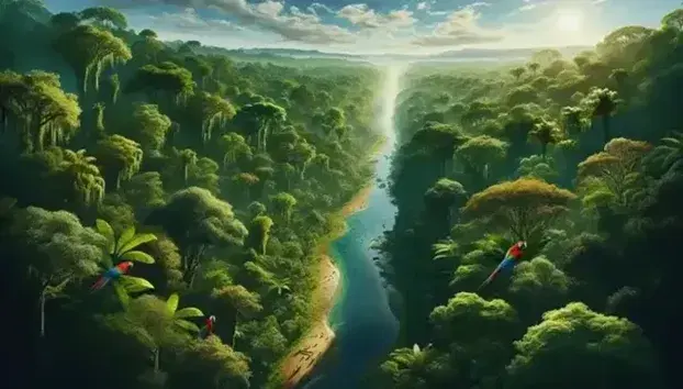Lush rainforest canopy with a winding river and scarlet macaws on the bank, under a clear blue sky with distant mountains.
