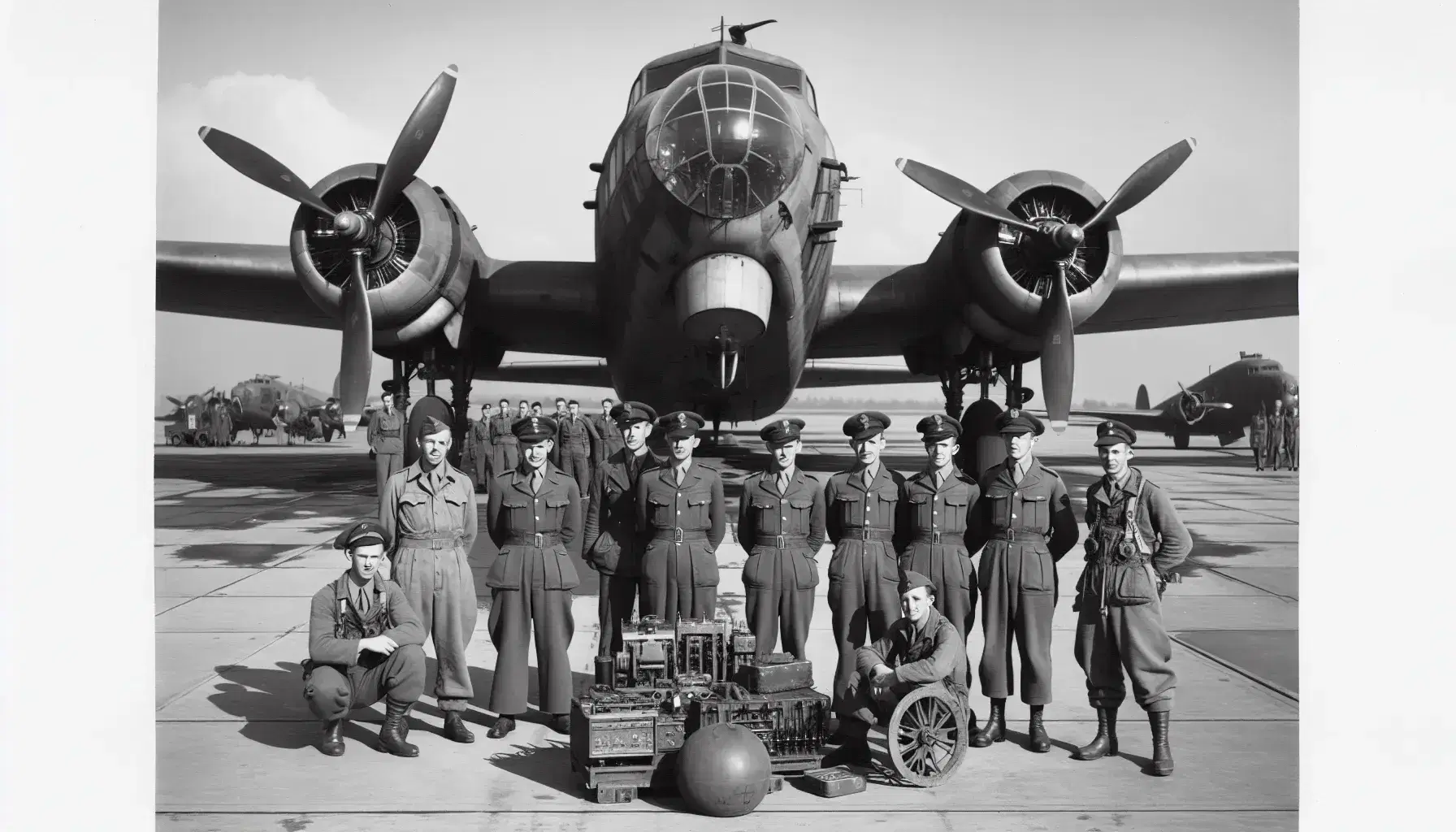 Vintage black and white photo of military personnel in various uniforms standing by a large propeller-driven aircraft on a clear tarmac.