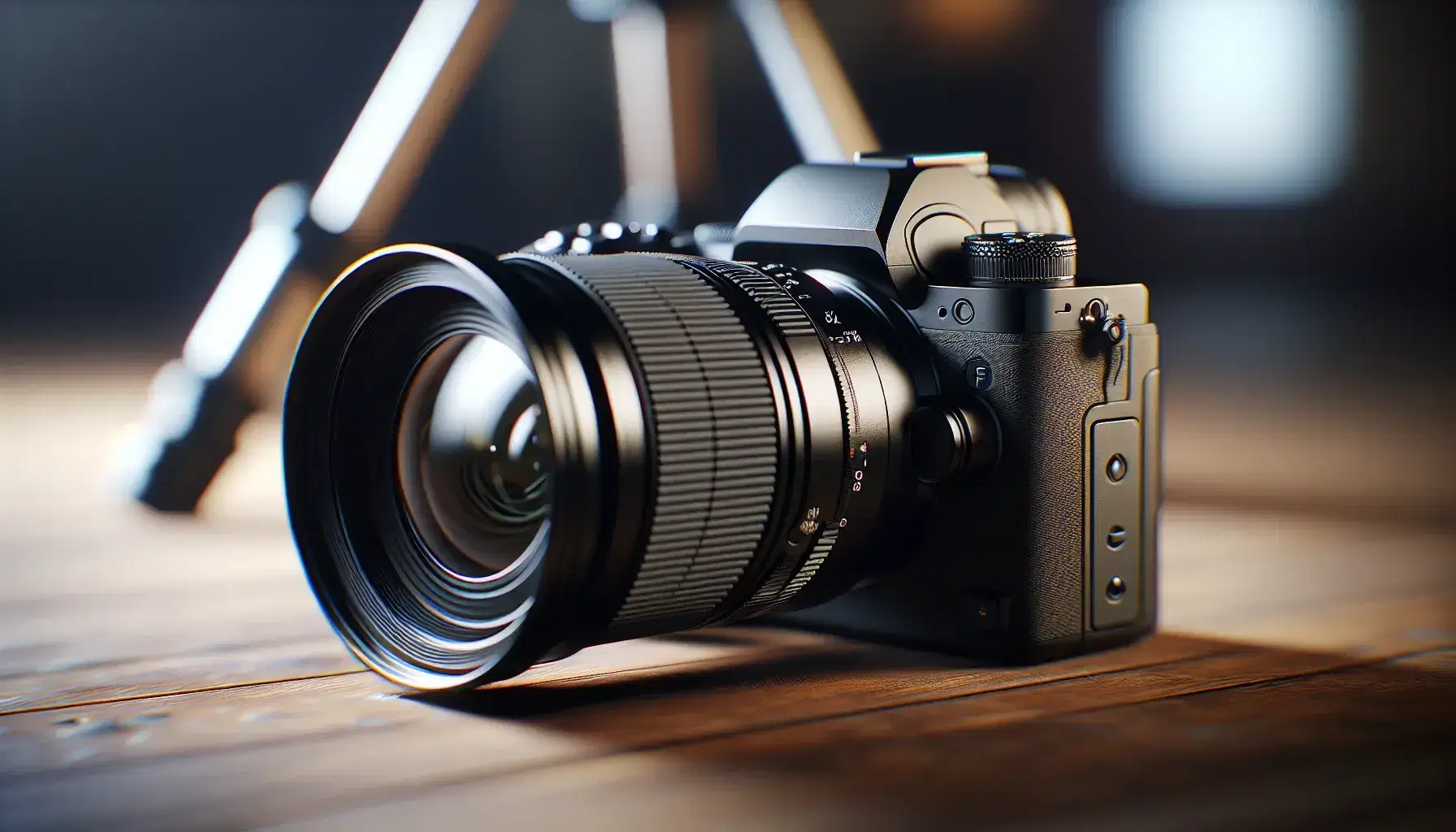 Close-up view of a black DSLR camera on a wooden surface with a blurred tripod in the background, highlighting its lens and control features.