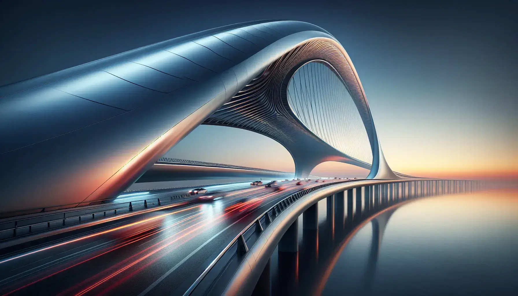 Sunset-lit parabolic arch bridge over calm water with blurred cars crossing and ducks swimming, reflecting a colorful sky gradient.