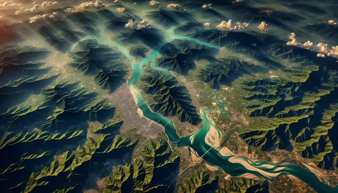 Vista aérea de una región montañosa con bosques densos, praderas verdes, asentamientos, carreteras serpenteantes y un río azul claro.
