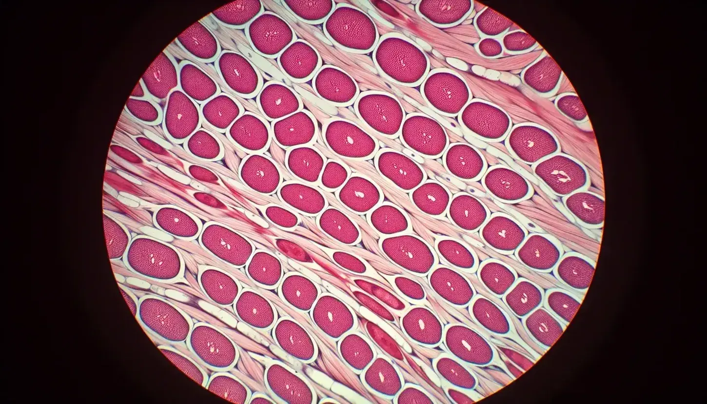 Sezione trasversale di tessuto muscolare al microscopio ottico, con fibre muscolari circondate da tessuto connettivo e variazioni di colore per mioglobina.