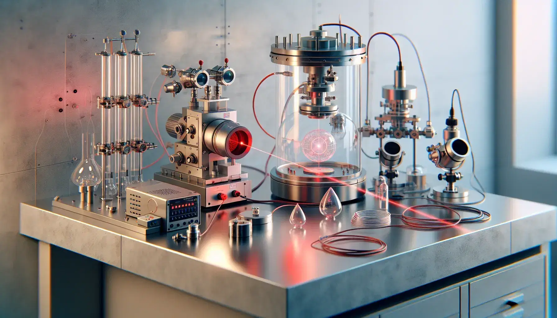 Laboratory bench with quantum physics equipment, including a red laser, beam splitter, photon detectors, vacuum chamber, and a rack of optical lenses.