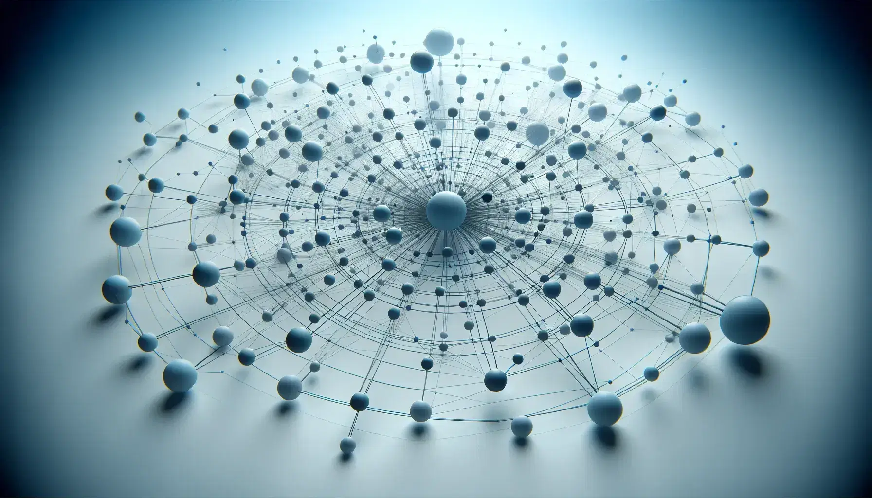 Network of interconnected nodes with circles of various sizes in shades of blue, connected by gray lines on a degrading light blue-white background.