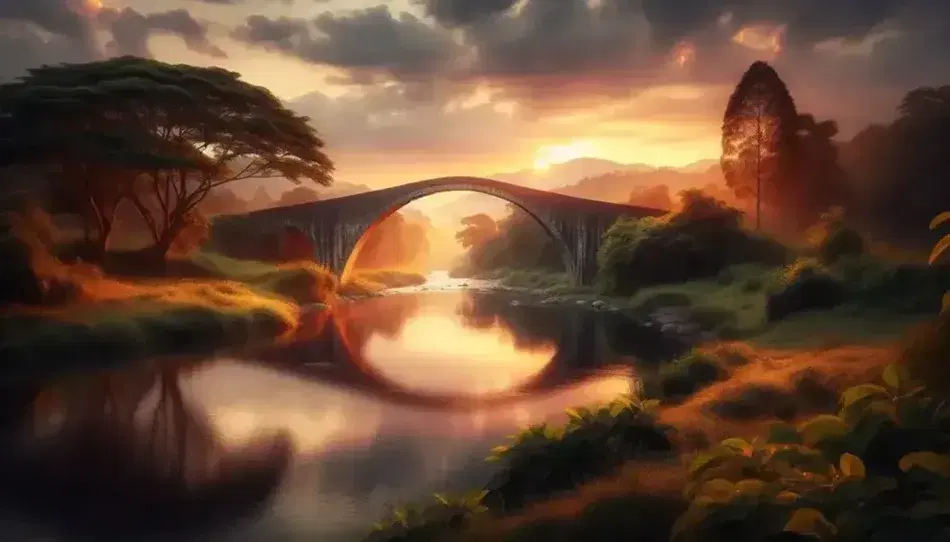 Ponte ad arco in pietra su fiume tranquillo al tramonto con cielo arancione e rosa e riflessi dorati sull'acqua, circondato da alberi verdi.