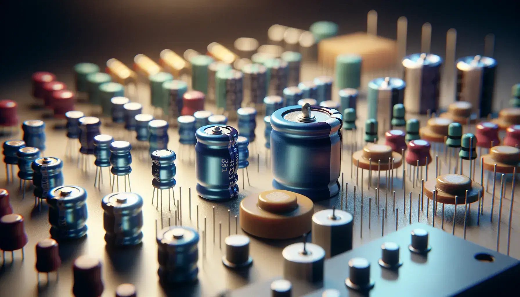 Assortimento di condensatori elettronici di varie forme e dimensioni, con particolare su un condensatore cilindrico blu e uno disco beige.