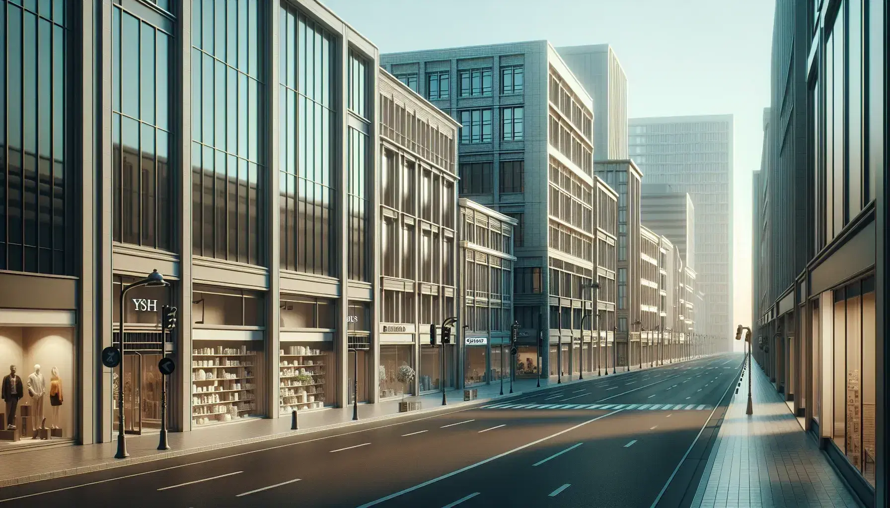 Strada cittadina deserta con edifici commerciali uniformi, vetrine trasparenti con prodotti esposti, cielo azzurro senza nuvole, ombre nette su marciapiede e strada.
