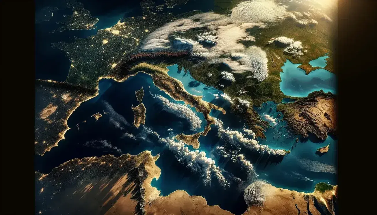 Veduta aerea dell'Italia centrale nel contesto europeo, con il Mediterraneo blu e paesaggio variegato sotto un cielo nuvoloso.