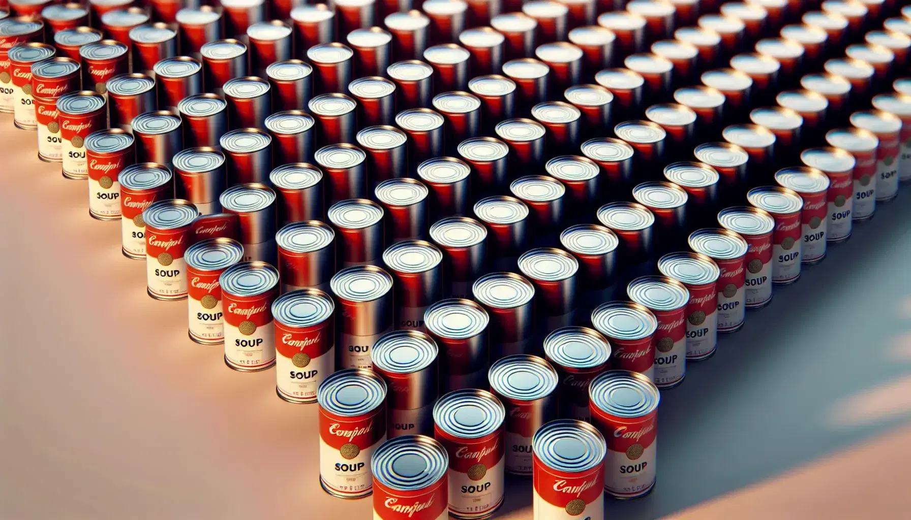 Lattine di zuppa allineate in serie con etichette rosse e bianche su sfondo uniforme, enfatizzando ripetizione e design minimalista.