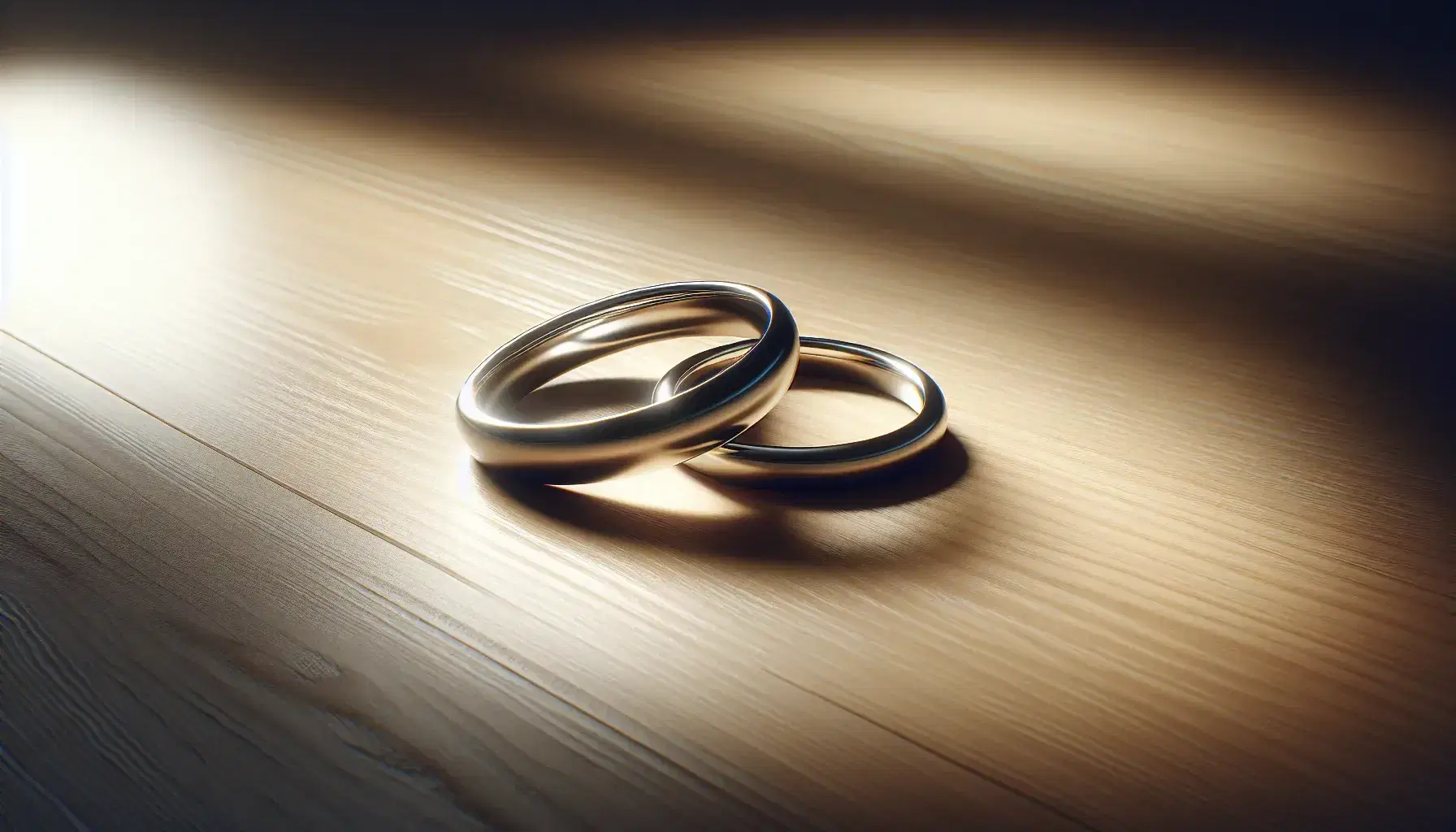 Due anelli metallici intrecciati su tavolo in legno chiaro, riflettono la luce naturale, simboleggiano unione senza simboli visibili.