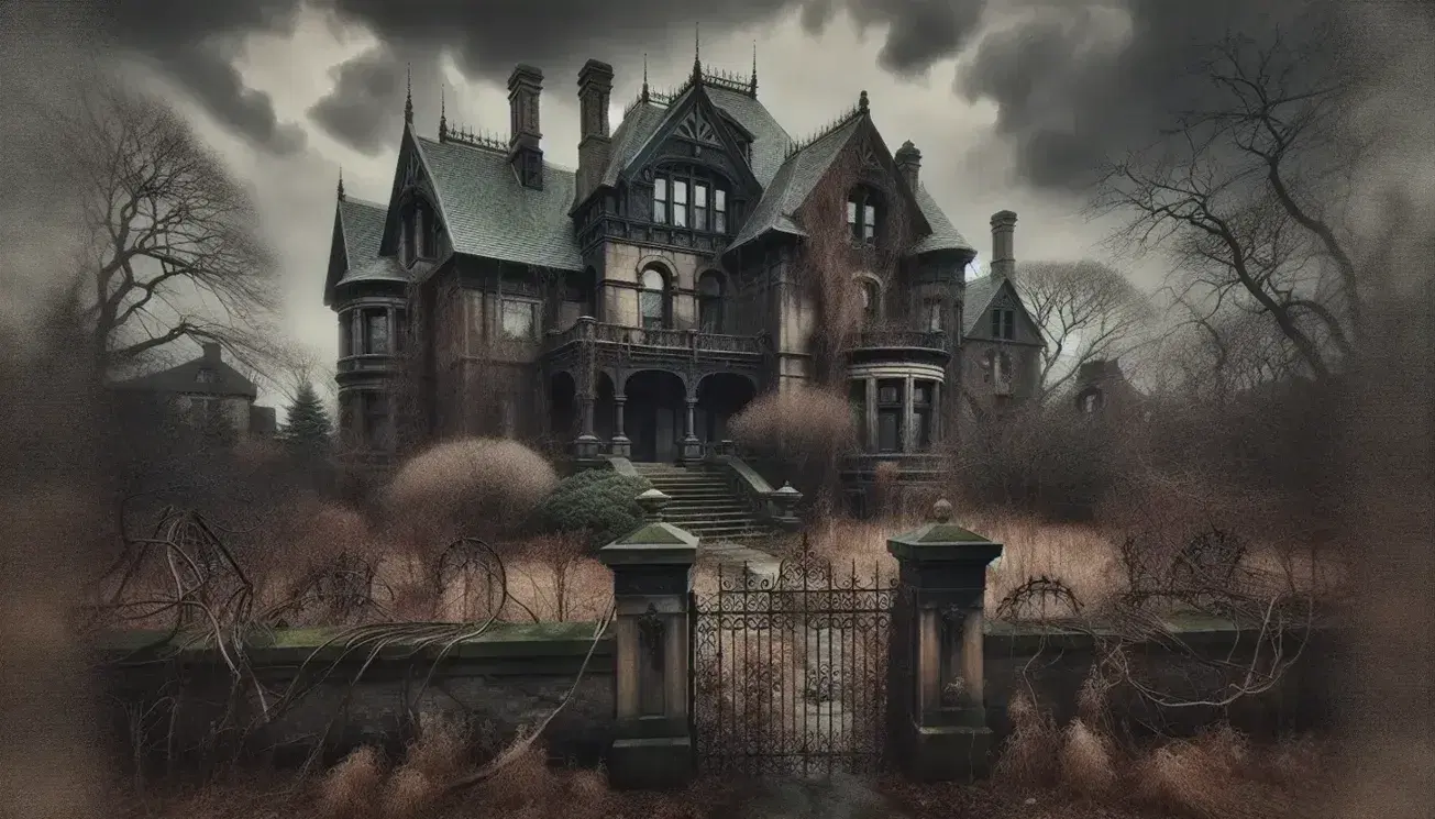 19th-century Gothic mansion with overgrown garden, broken windows, and rusted iron fence under a stormy sky, evoking abandonment.