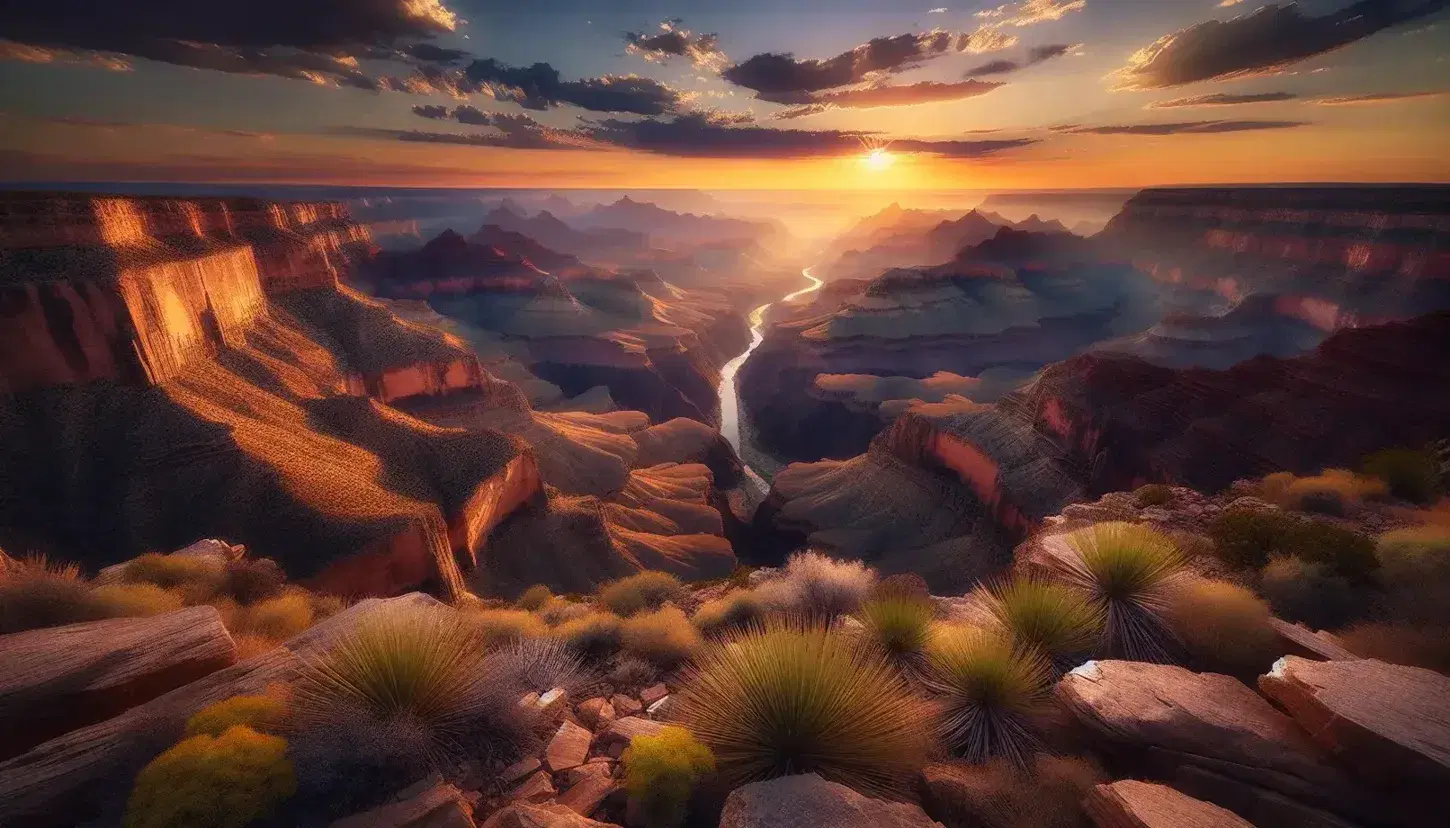 Panorama del Grand Canyon al tramonto con il fiume Colorado, cielo sfumato e vegetazione arida in primo piano.