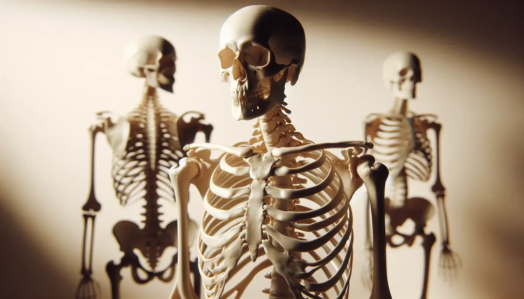 Scheletro umano a grandezza naturale in posizione anatomica con dettagli delle giunture e variazioni cromatiche delle ossa.