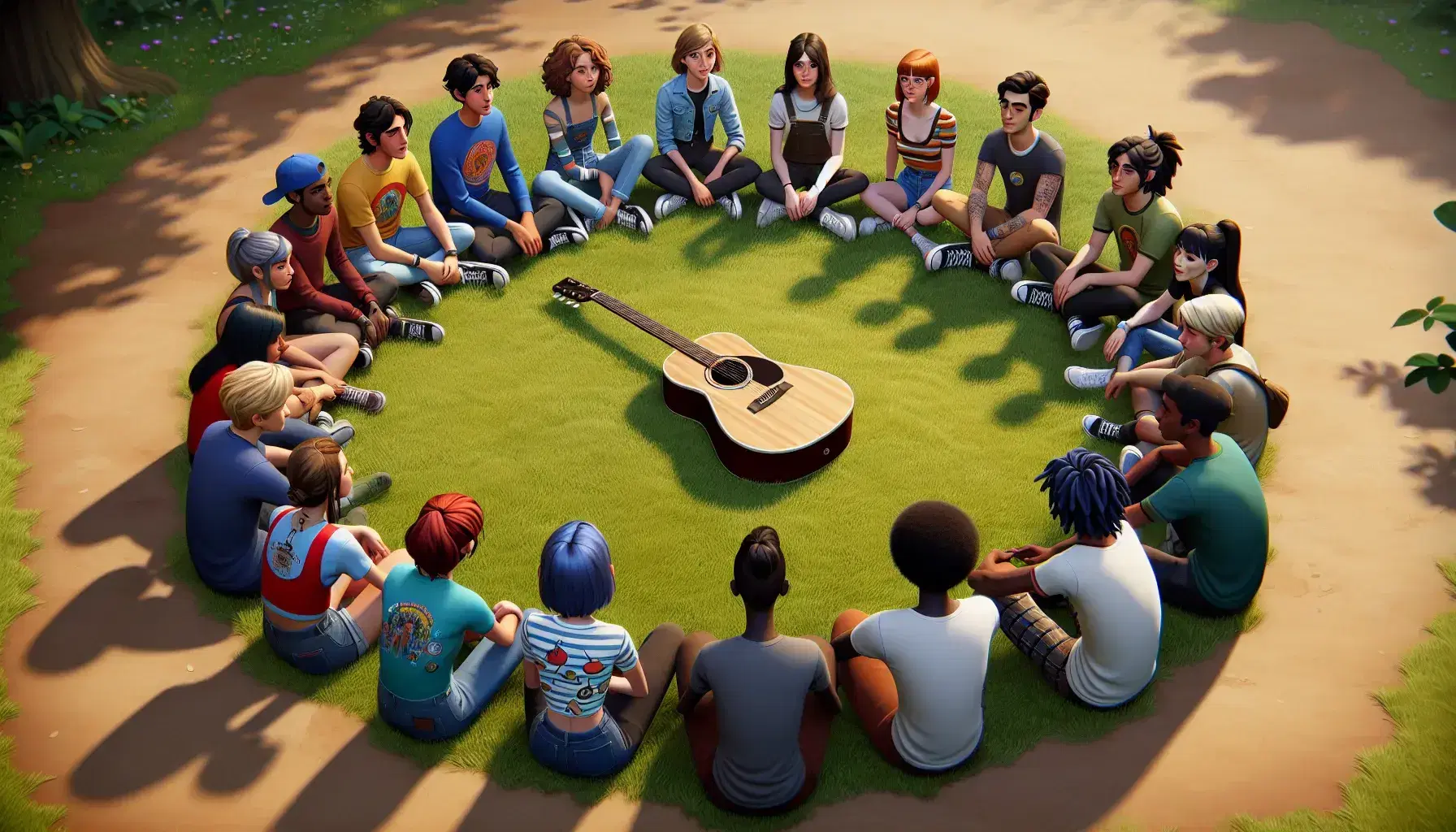 Grupo diverso de jóvenes sentados en círculo en un parque con una guitarra acústica en el centro, disfrutando de una conversación en un día soleado.