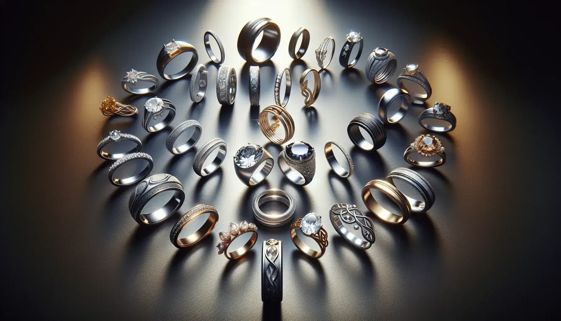 Assorted wedding bands and engagement rings with various designs, including a large gemstone and brushed gold, displayed on a dark matte surface.