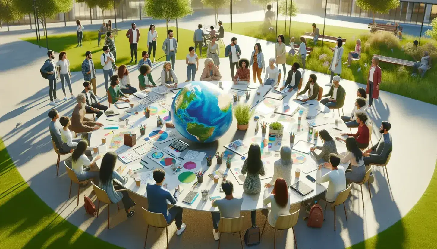 Grupo diverso de personas discutiendo alrededor de una mesa con un globo y papeles en un parque soleado.