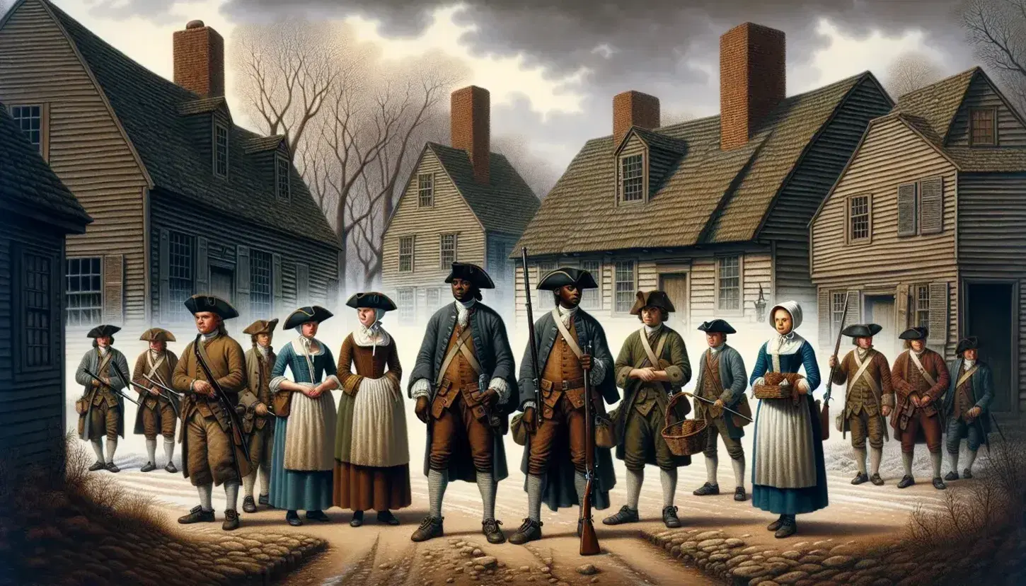 Colonial Americans in tricorn hats and period attire on a dirt path with wooden buildings and a gray sky, evoking the American Revolution era.