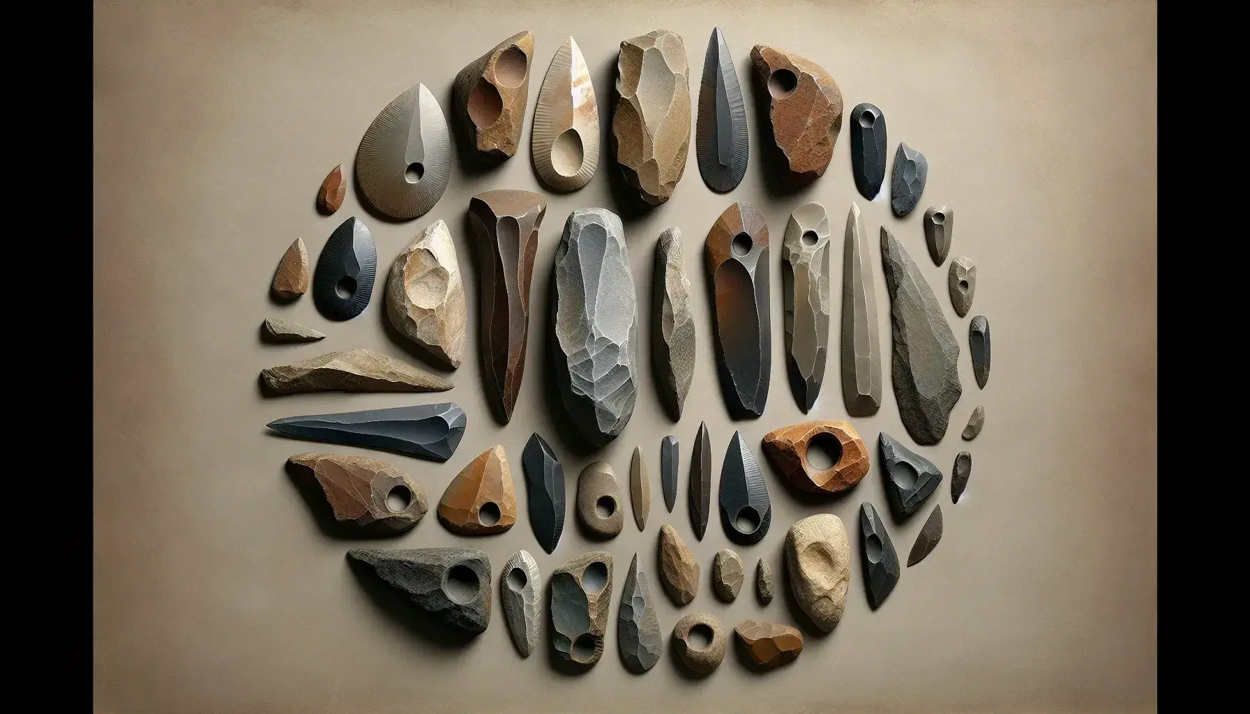 Collection of antique stone tools, with hand axes, scrapers and blades arranged on neutral background, highlighting details and craftsmanship.