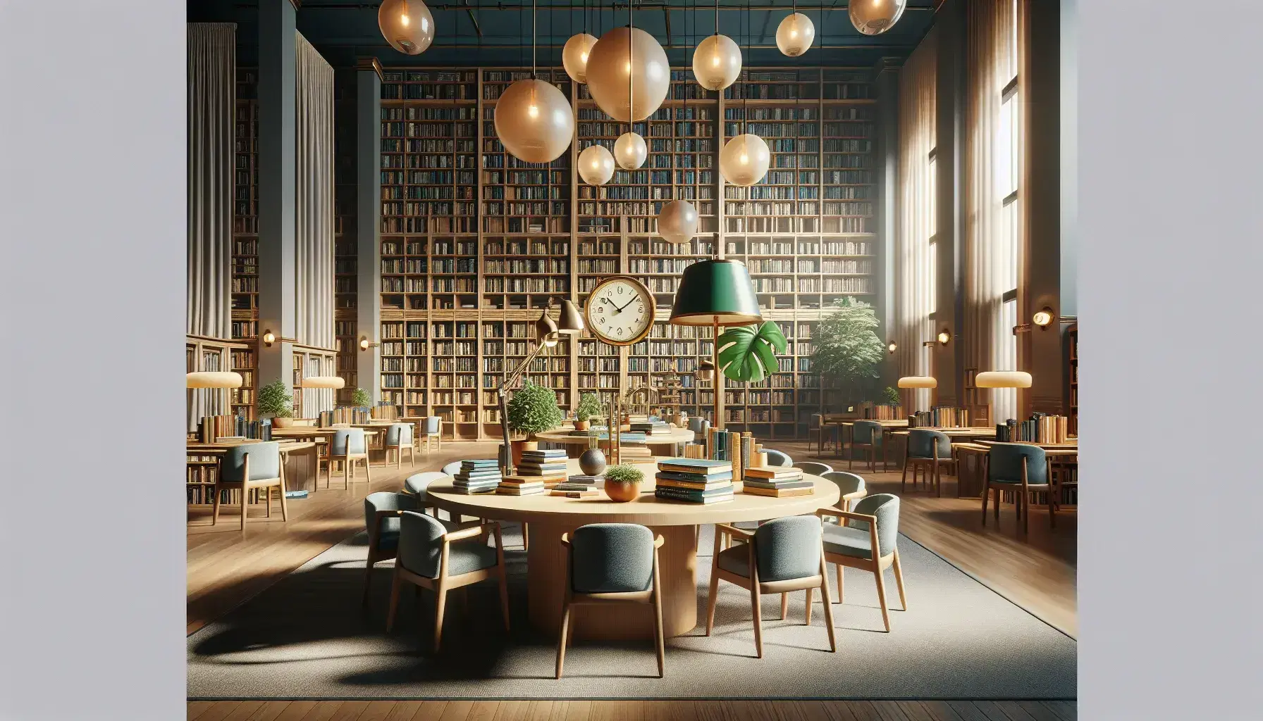 Biblioteca accogliente con tavolo in legno, sedie blu, lampada, orologio, pianta, libri e scaffali pieni, sotto luce soffusa e finestra aperta.