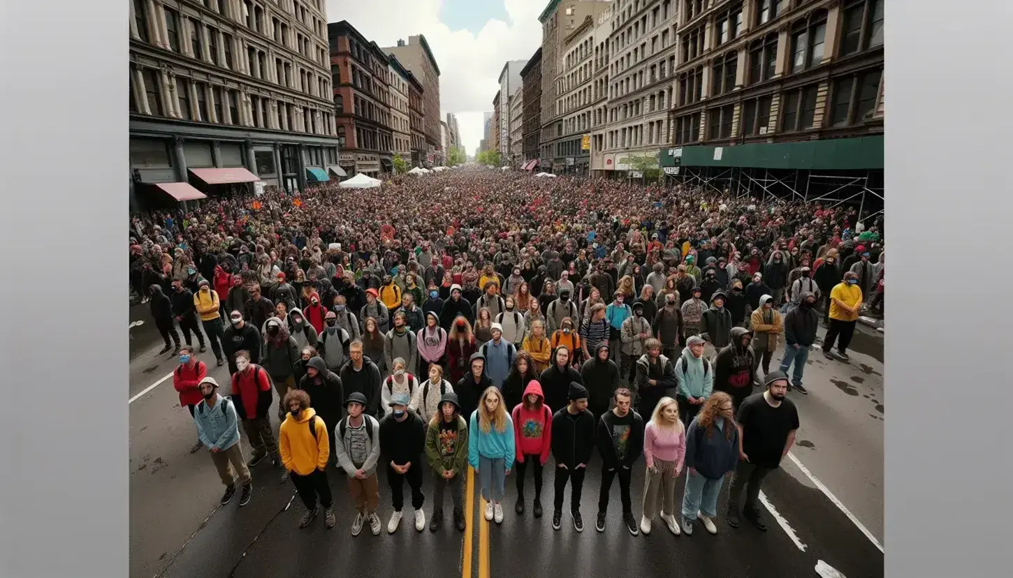 Folla unita in protesta pacifica su strada cittadina, vestiti variopinti, atteggiamento solidale, edifici urbani sullo sfondo, cielo sereno.
