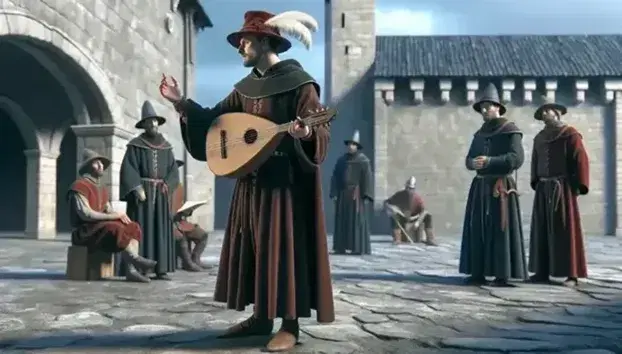 Trovador medieval tocando laúd y cantando en un patio de castillo ante un público atento, vestido con ropas de época y sombrero rojo con pluma.