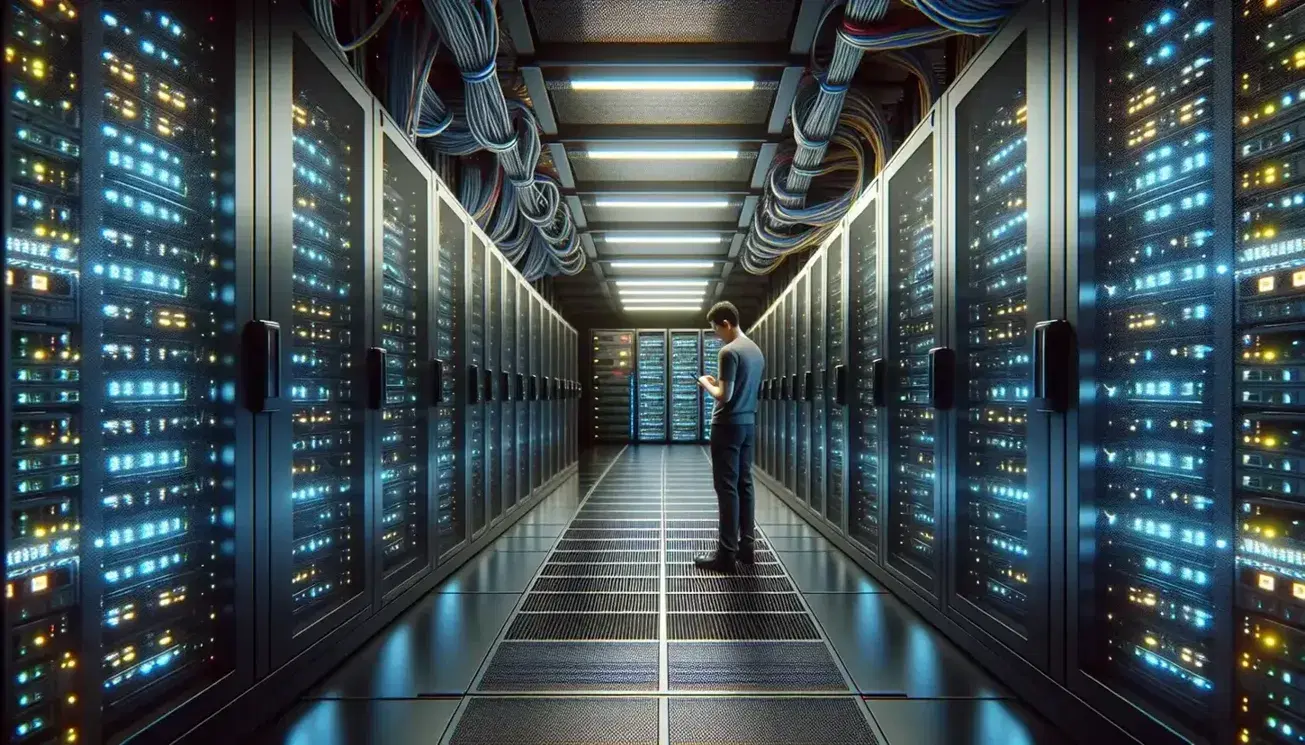 Modern data center with rows of black servers illuminated by blue LEDs and technician checking the equipment, raised metal floor and colored cables.
