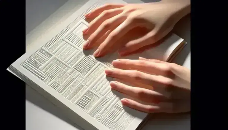 Manos leyendo libro en braille con texto en relieve, dedos tocando patrones de puntos sobre superficie clara y lisa.