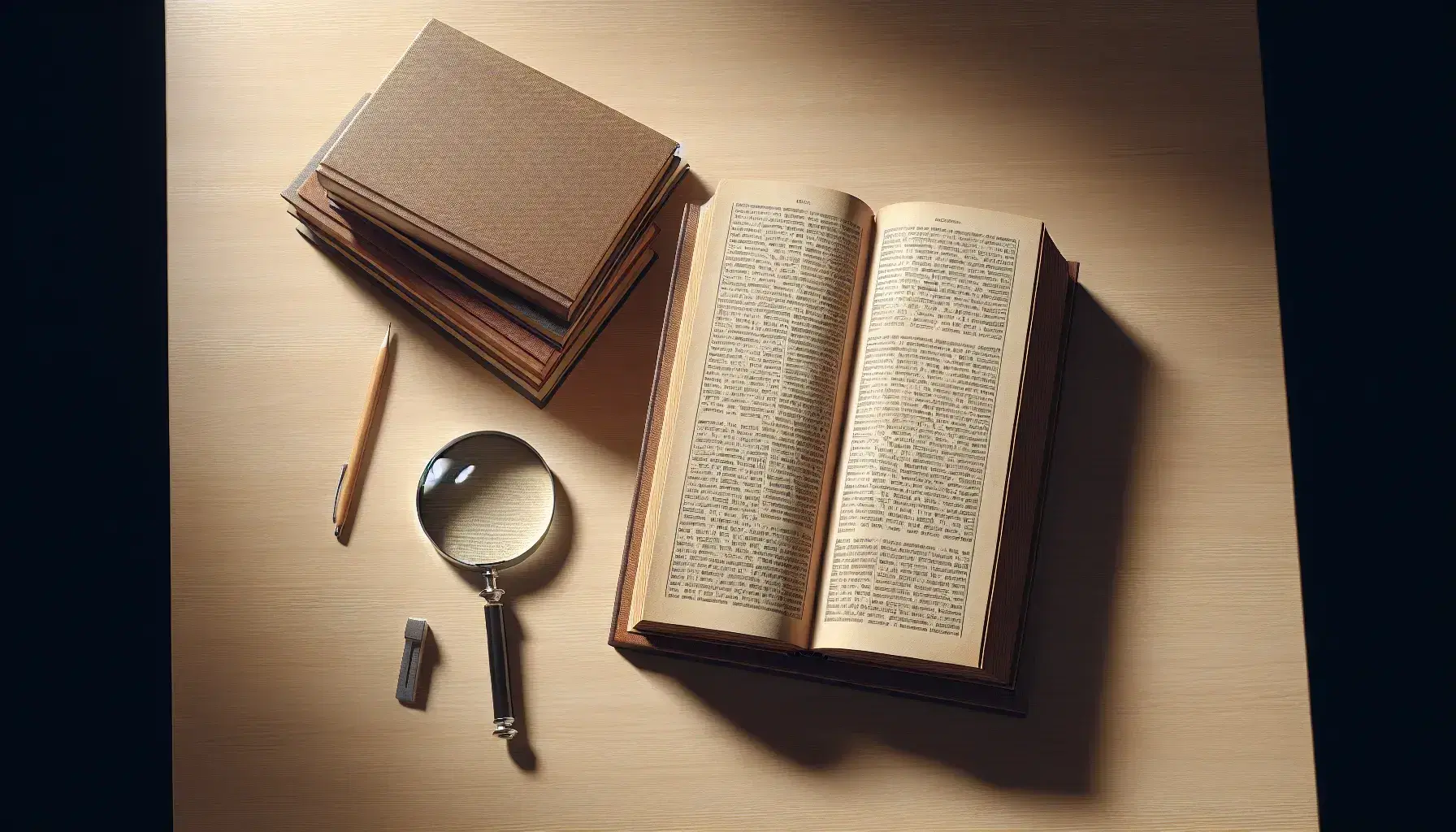 Flat lay of a study desk with an open book, magnifying glass, stack of books, potted plant, eyeglasses, and a steaming coffee mug on a cork coaster.