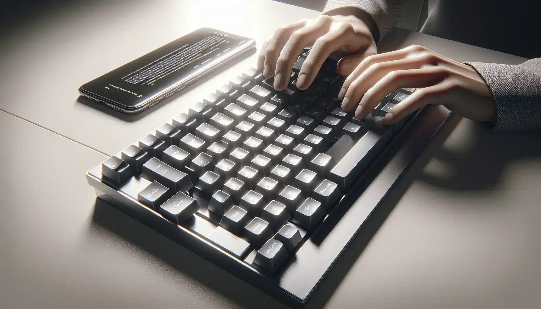 Primer plano de manos sobre teclado de computadora moderno en tonos grises y smartphone al lado reflejando luz en fondo neutro de oficina.