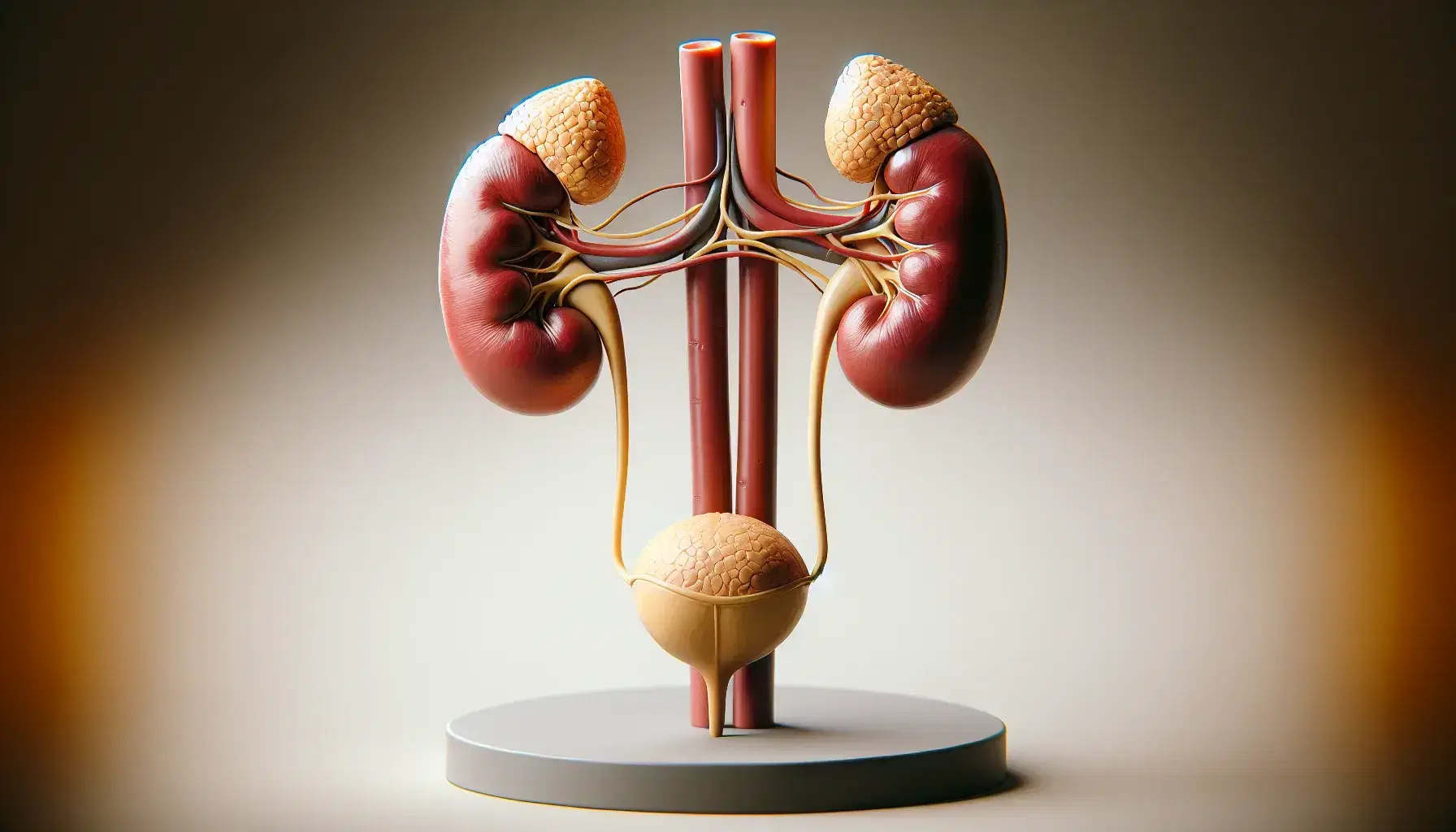 Modelo anatómico tridimensional del sistema urinario humano con riñones rojos, ureteres amarillos y vejiga naranja sobre fondo neutro.