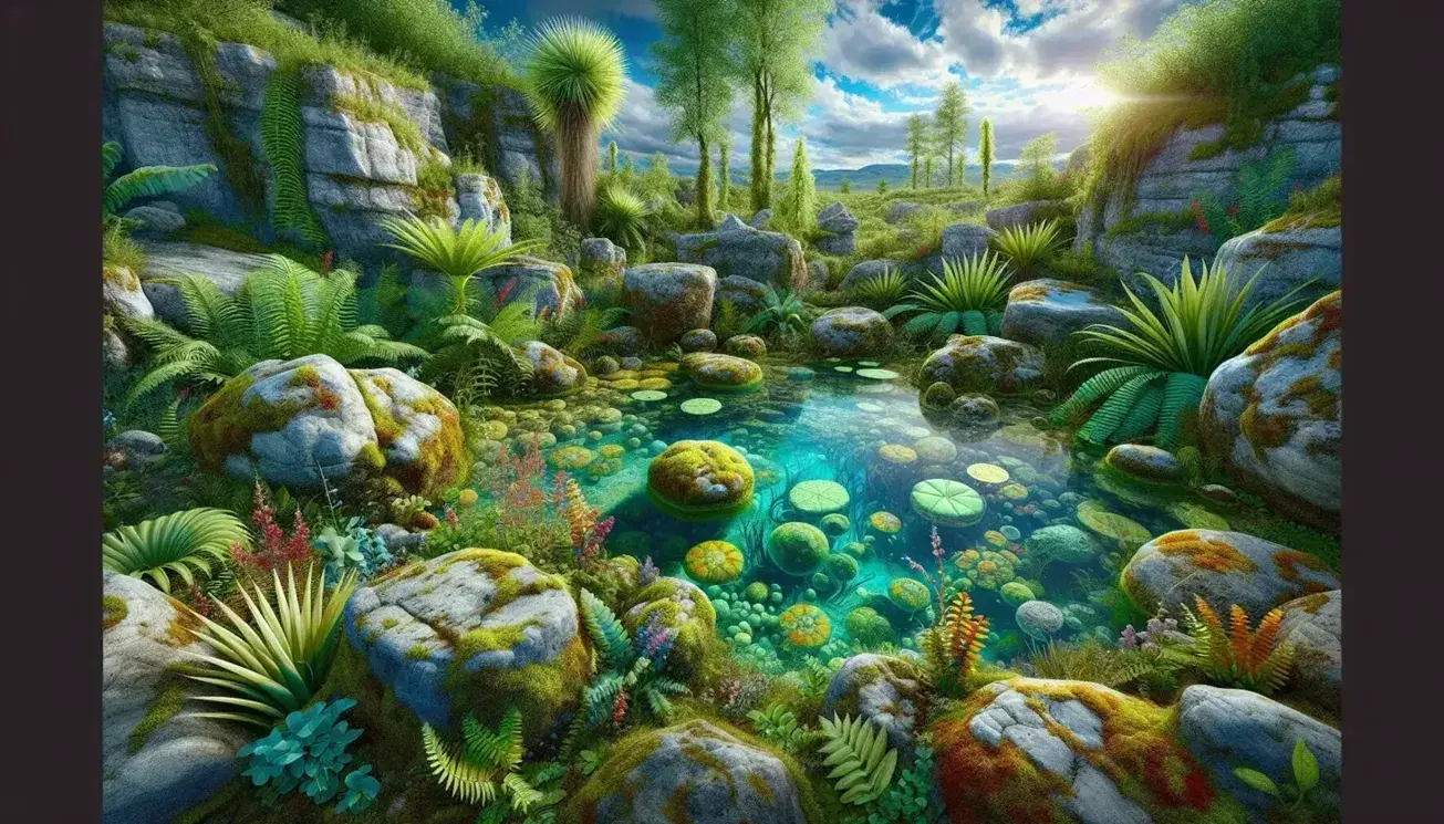 Ambiente preistorico con stagno circondato da rocce muschiose, vegetazione lussureggiante e organismo unicellulare ingrandito.