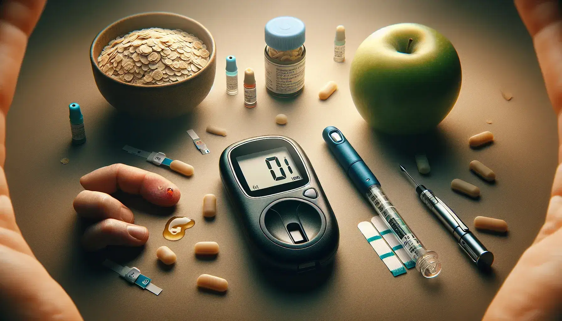 Glucometro digitale nero, penna iniettore di insulina blu, strisce reattive per glicemia, dito con goccia di sangue, mela verde e misurino di fiocchi d'avena.