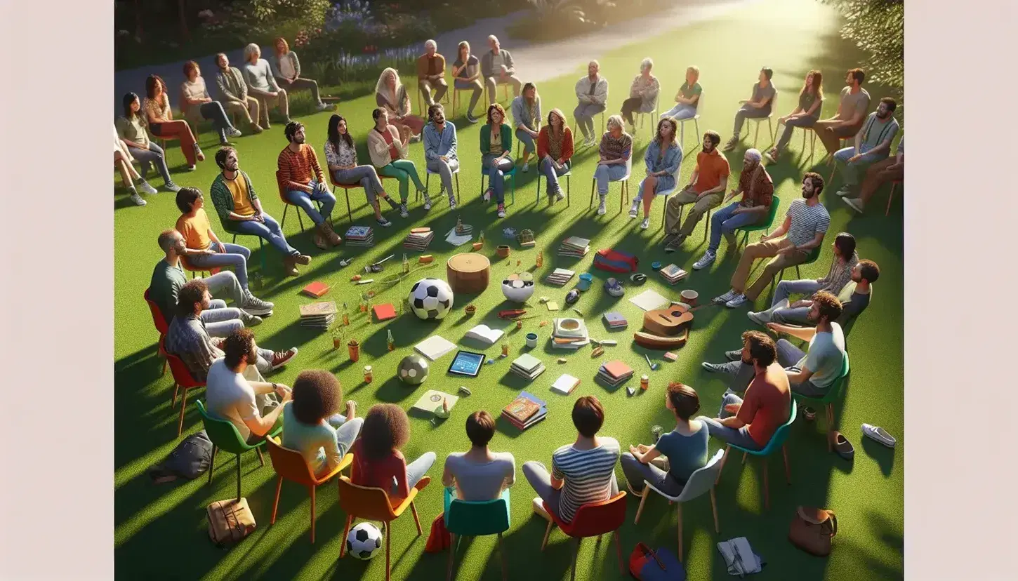 Gruppo multietnico seduto in cerchio all'aperto con oggetti di interesse comune come pallone, libri, chitarra e tablet spento.
