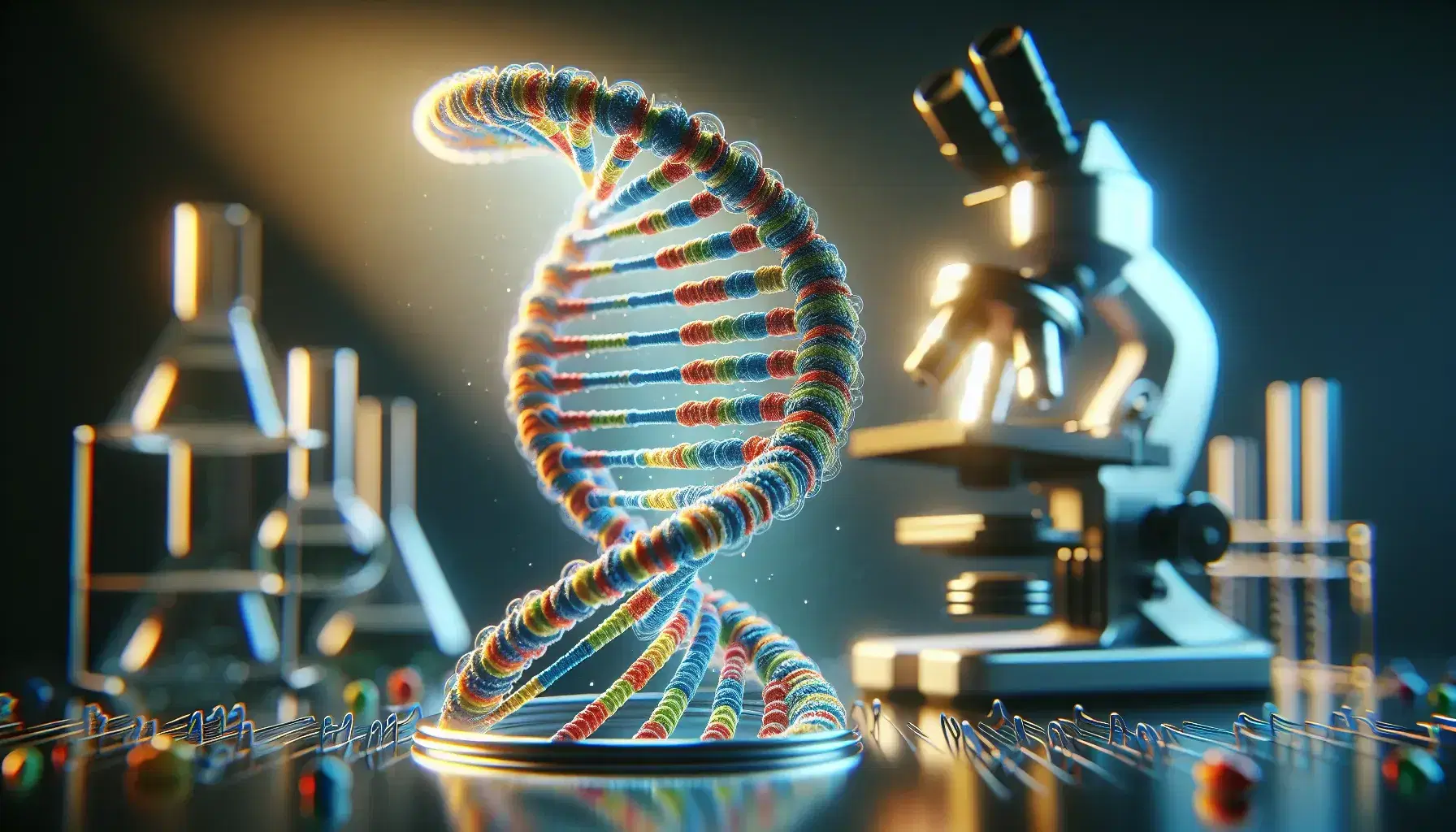 Three-dimensional structure of a DNA double helix with colored nucleotides in the foreground and blurred microscope on laboratory background.