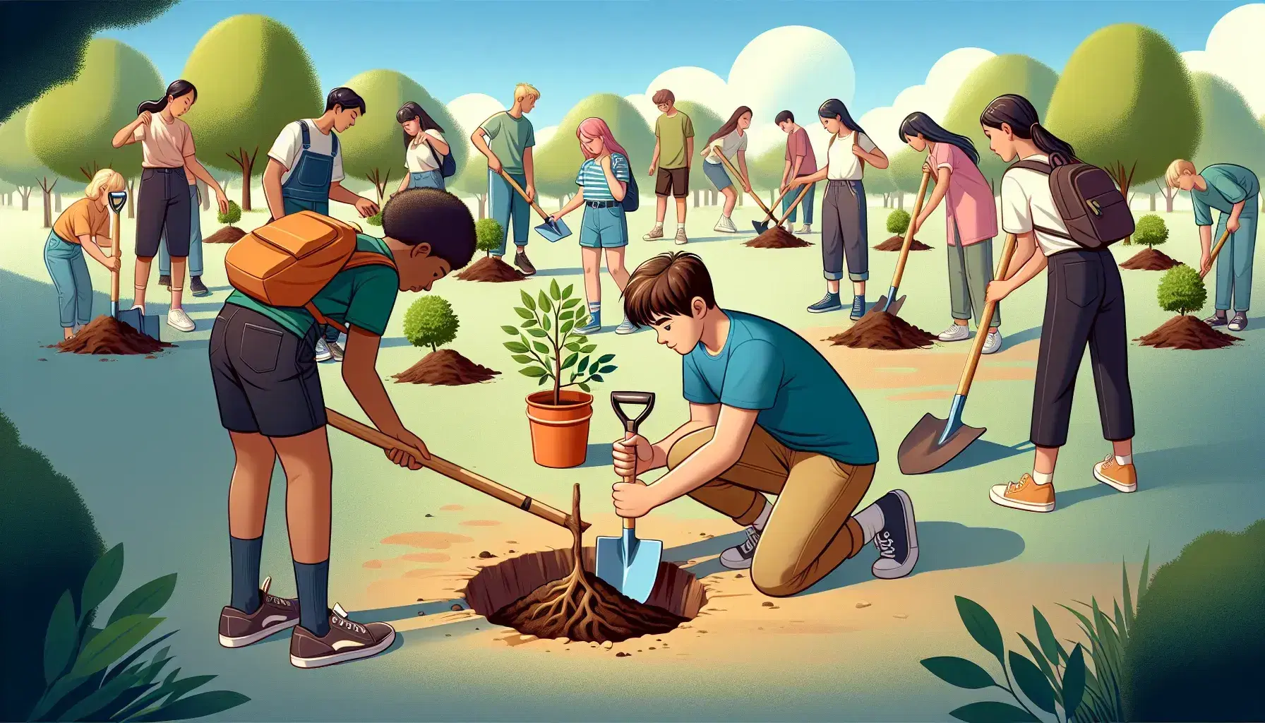 Grupo de estudiantes participando en actividad de plantación de árboles, joven plantando un árbol y compañera con cubo de tierra, en día soleado al aire libre.