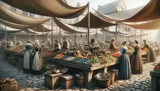 Historic open-air market with wooden stalls, vendors in period dress and customers, fresh produce and artefacts, under a clear sky.