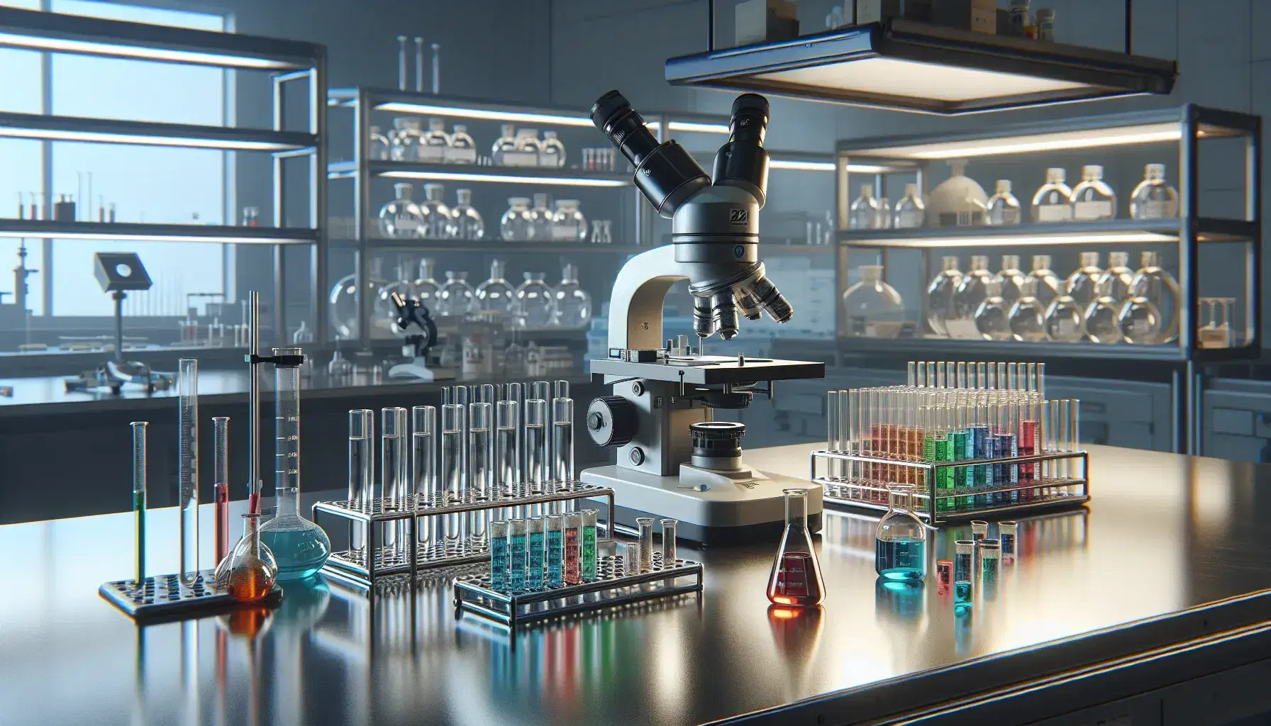Laboratorio scientifico moderno con tavolo in acciaio, provette colorate, microscopio binoculare e ricercatore in camice che annota dati.